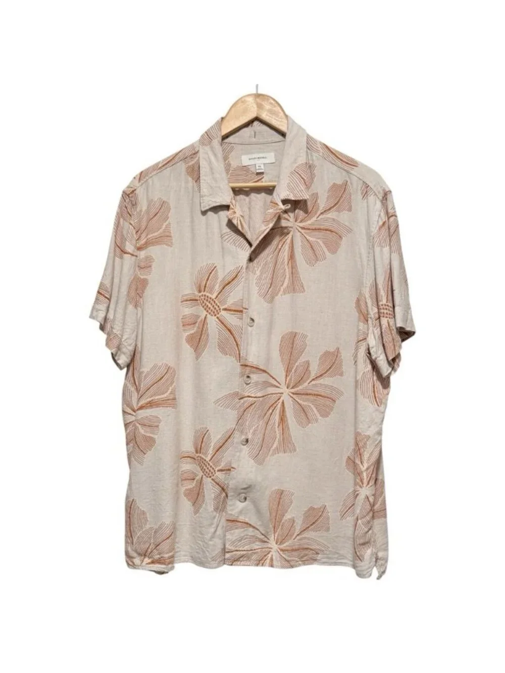 Banana Republic Sz XL Linen Blend Beige Floral Short Sleeve Camp Shirt Beach